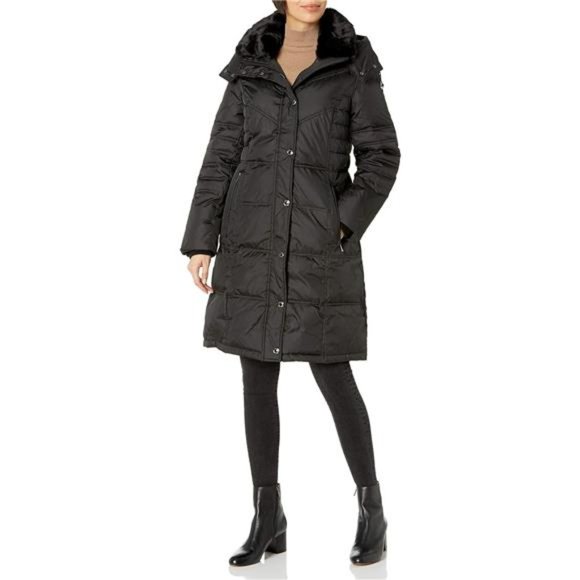 Women's Chevron Coat with Faux Fur Trimmed Hood